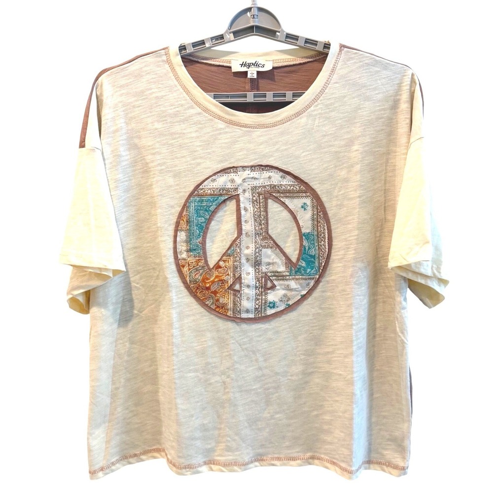 Haptics Peace Sign Graphic Tee Cream Brown Boho Patchwork Oversized Womens Large